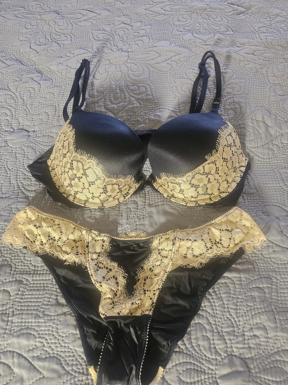 Victoria's Secret Black Bra & Gold Lace Bikini Set